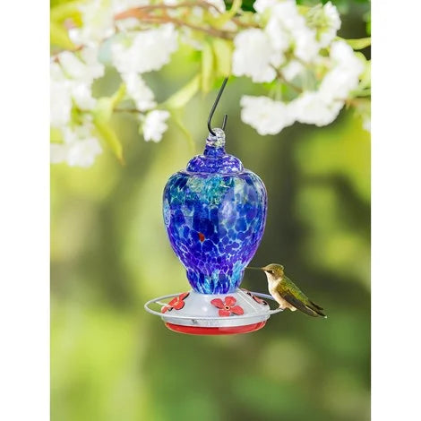 Blue Speckled Art Glass Hummingbird Feeder with Bronze Gondola