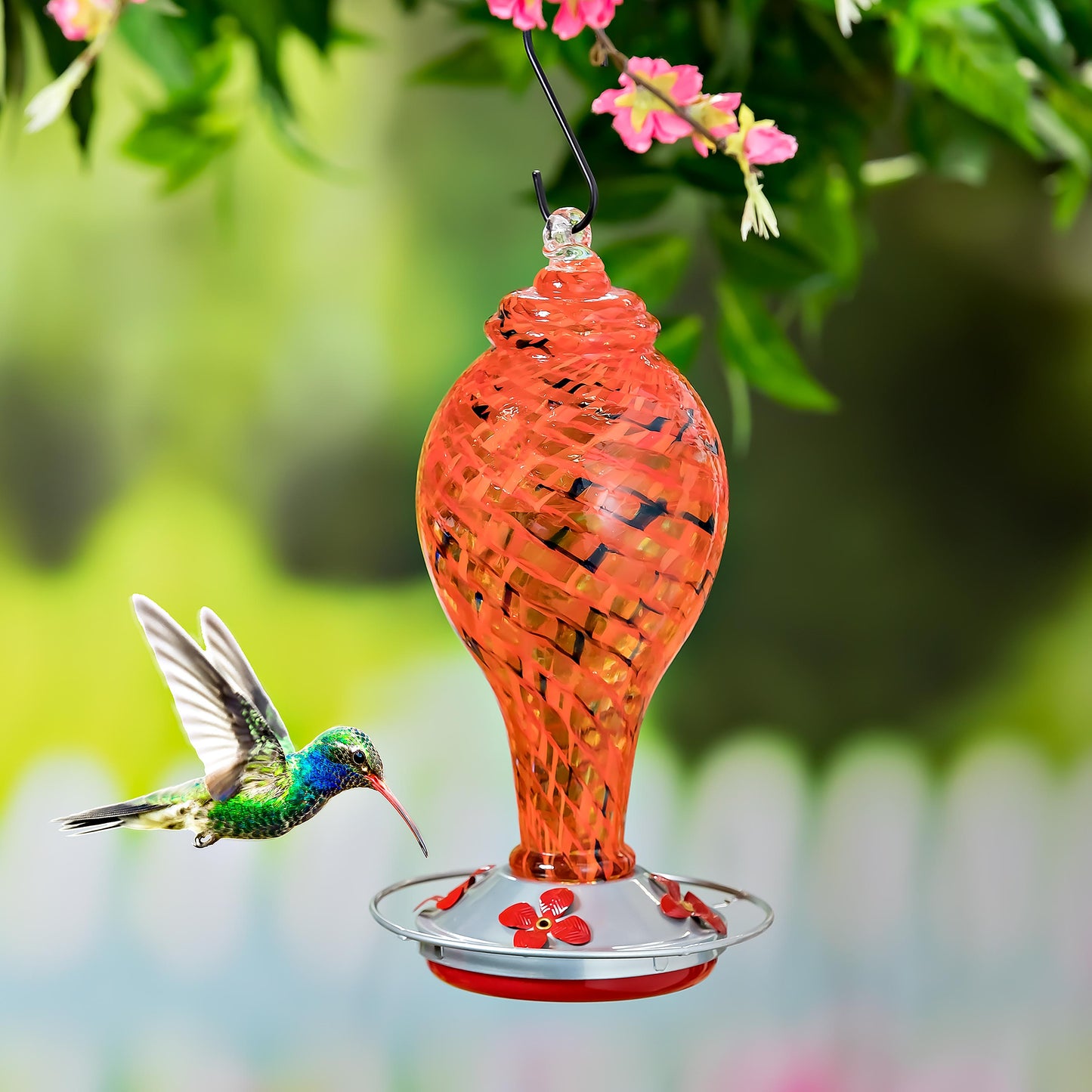 Red Speckled Art Glass Hummingbird Feeder with Bronze Gondola