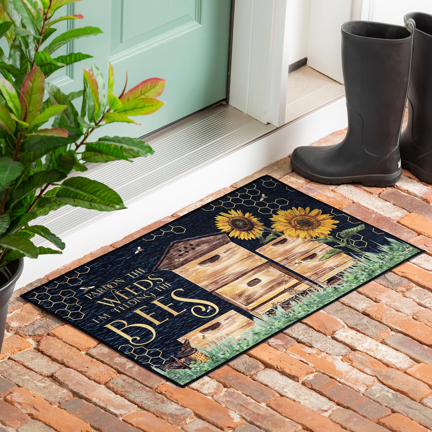 Pardon the Weeds I'm Feeding The Bee's Garden Washable Indoor/Outdoor Mat