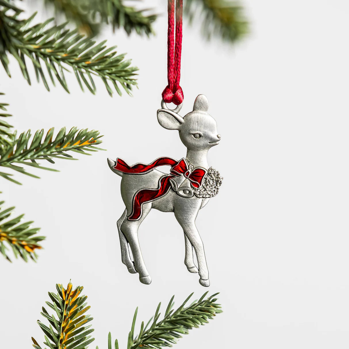 Plow & Hearth Deer with Bow Solid Pewter Christmas Ornament
