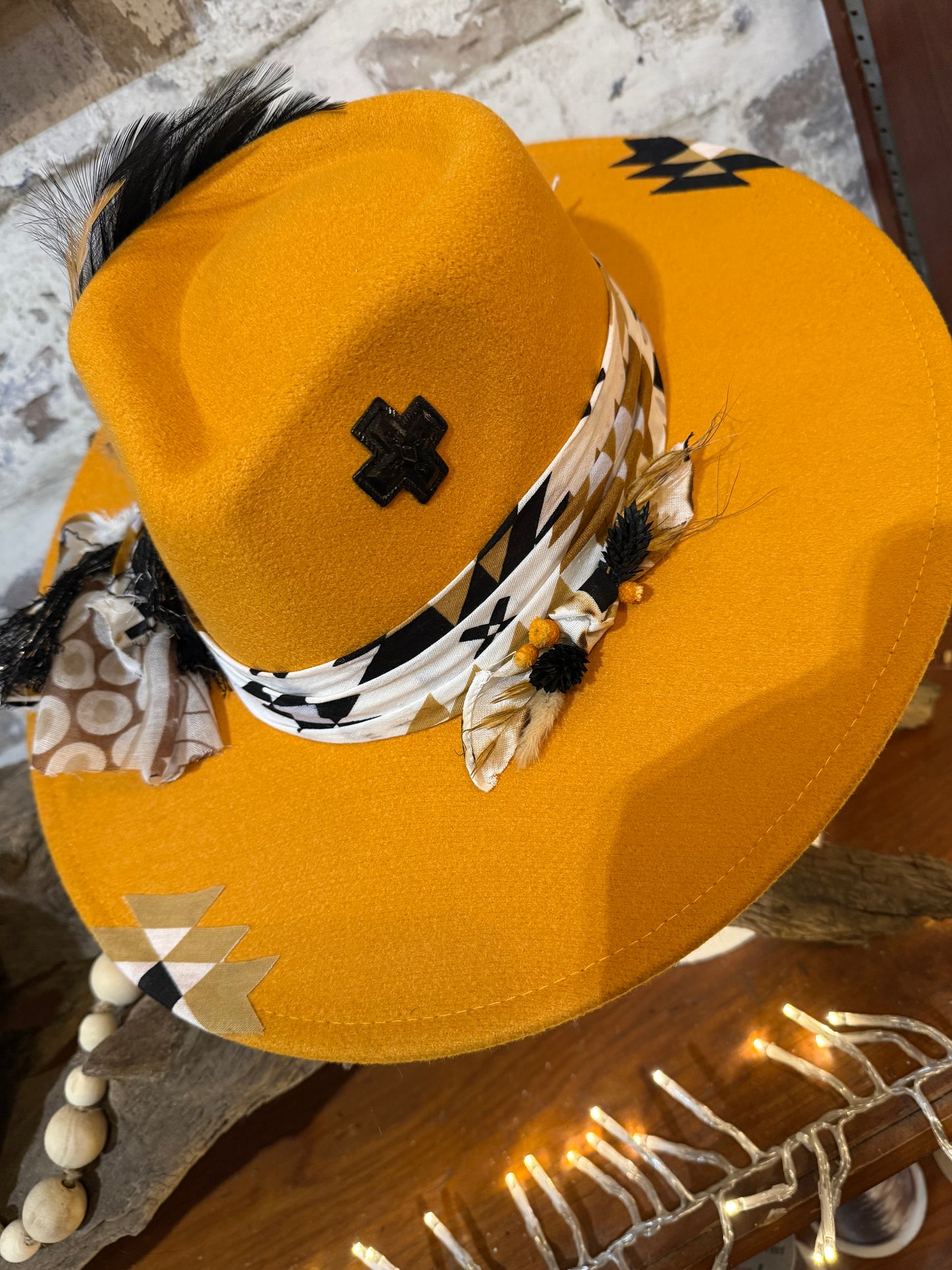 Mustard Colored Hat with Feathers