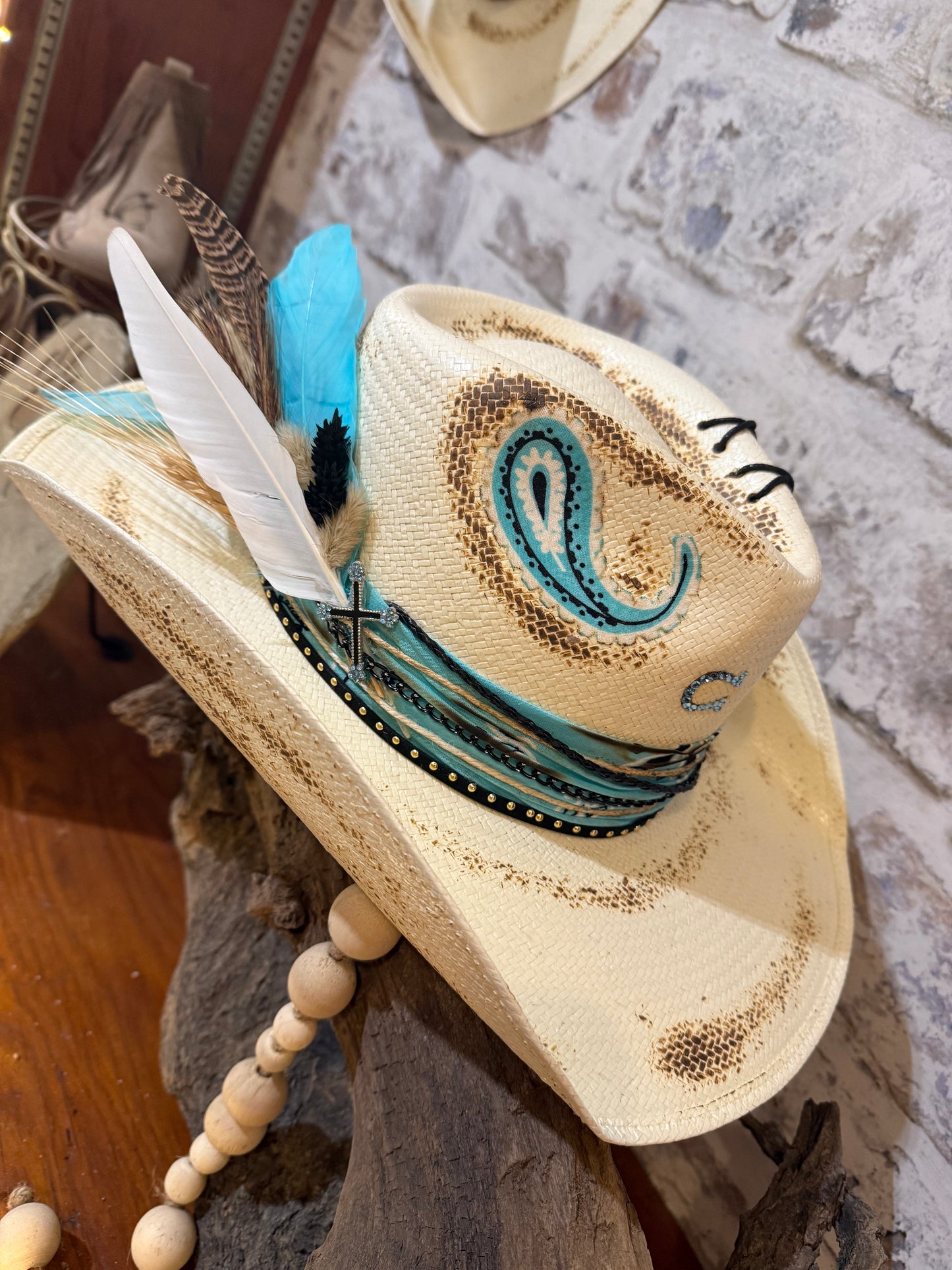 Straw Hat with Aqua & Black Band & Feathers