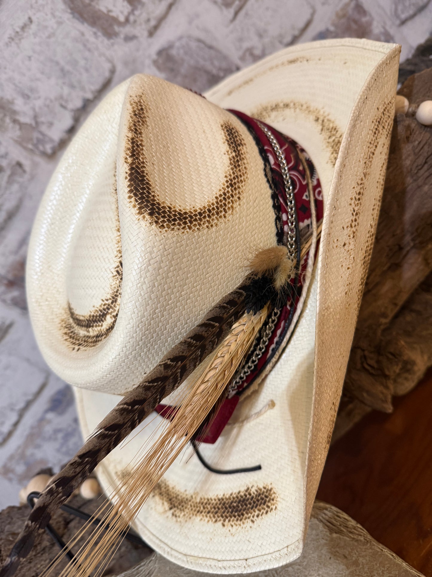 Straw Hat with Burgandy Band & Feathers
