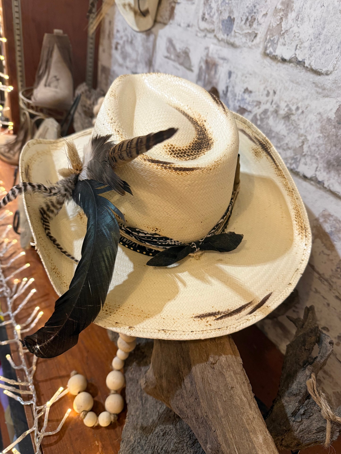 Straw Hat with Black Band & Feathers