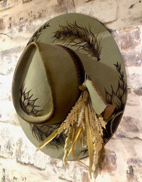 Light Olive Felt Hat with Feathers & Sunflowers