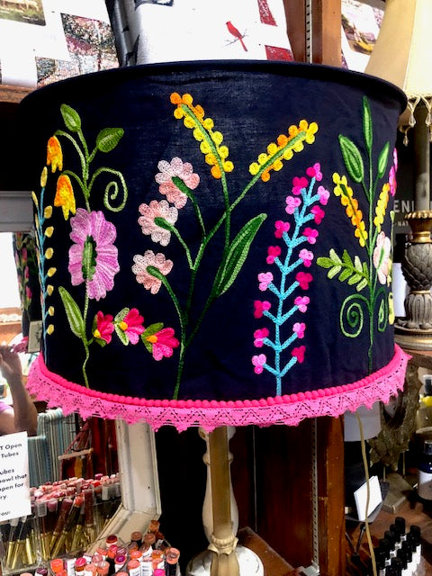 Navy Floral Embroidered Collapsible Lamp Shade
