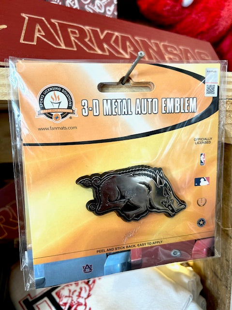 U of A 3-D Metal Razorback Chrome Auto Emblem