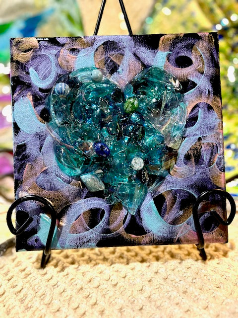 Turquoise Heart on Black Metallic Canvas by Beth Hague