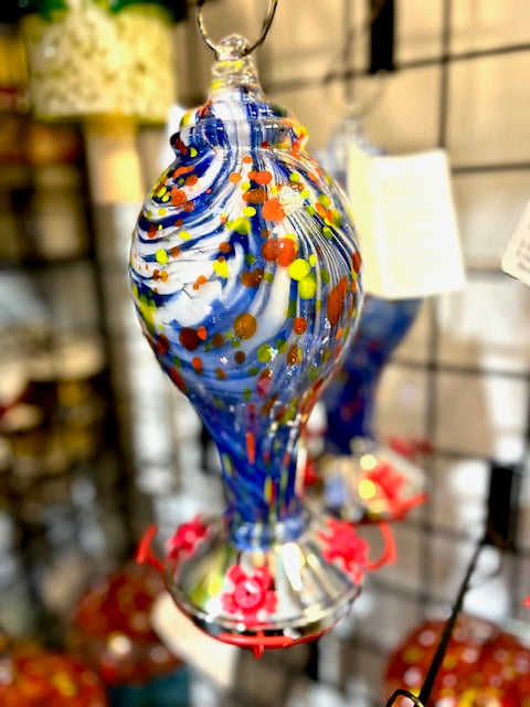 Art Glass Blue Swirl Hummingbird Feeder