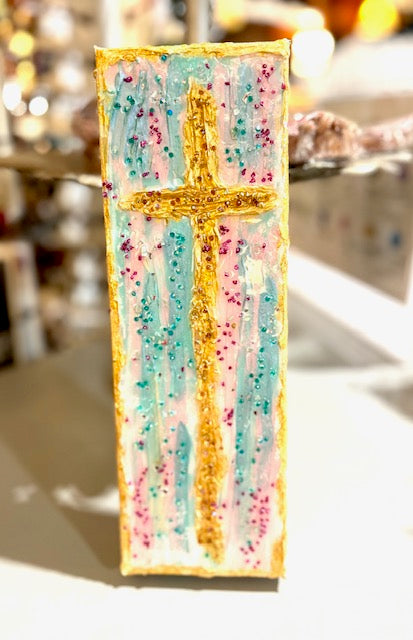 Gold Textured Cross on Pink & Turquoise Canvas