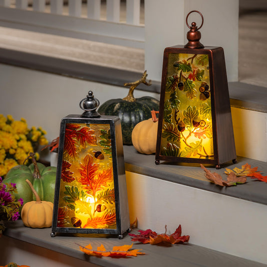 Harvest Glass and Metal LED Lantern, 15"H