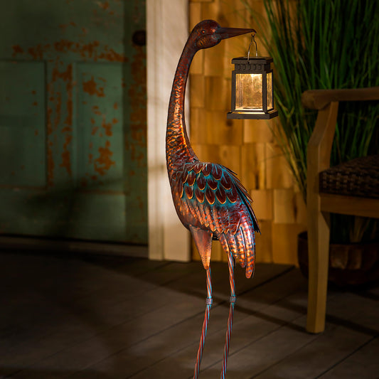 Blue Coastal Garden Statue, Decorative Metal Crane with Solar Lantern