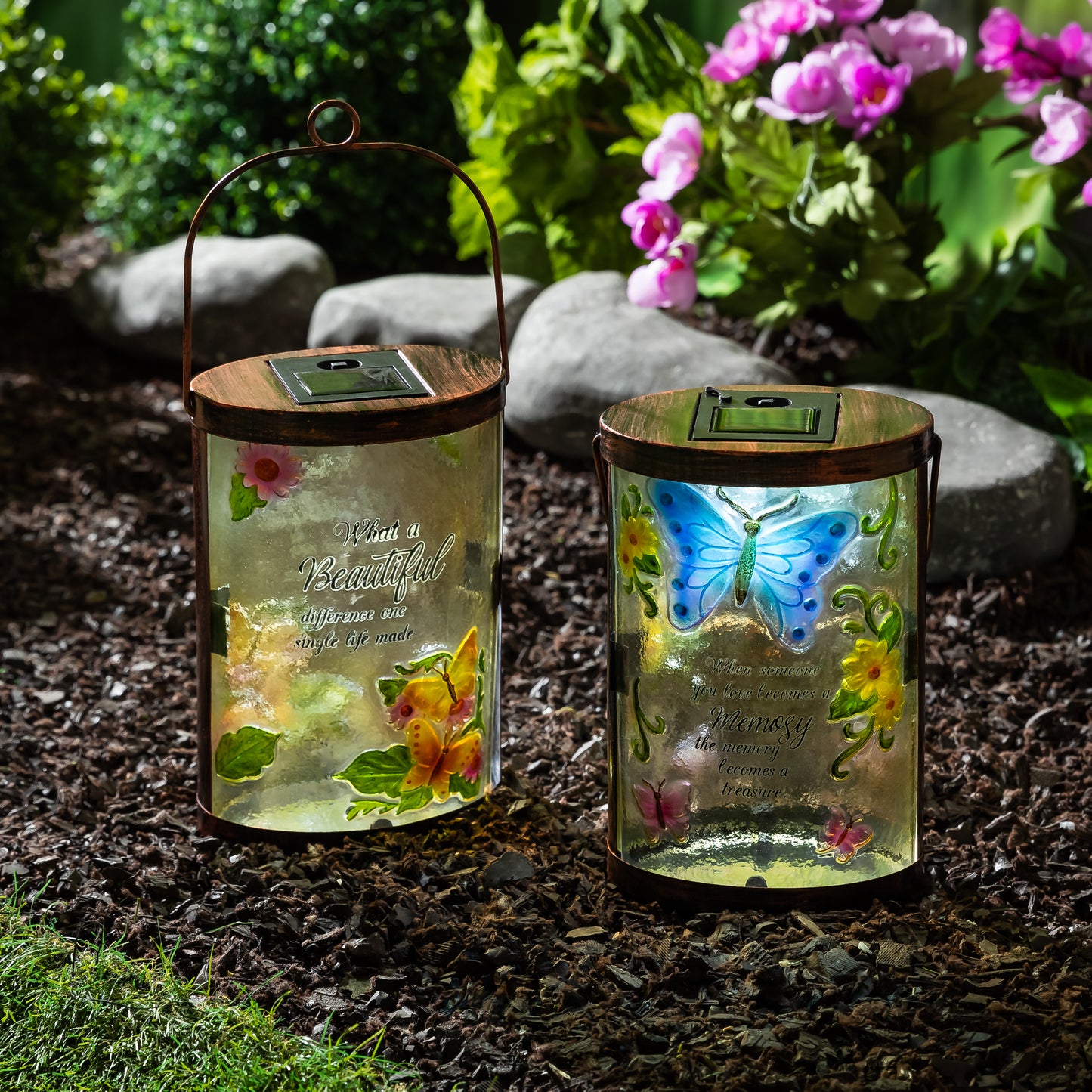 Memorial Butterfly Hand Painted Solar Lantern, 10"H