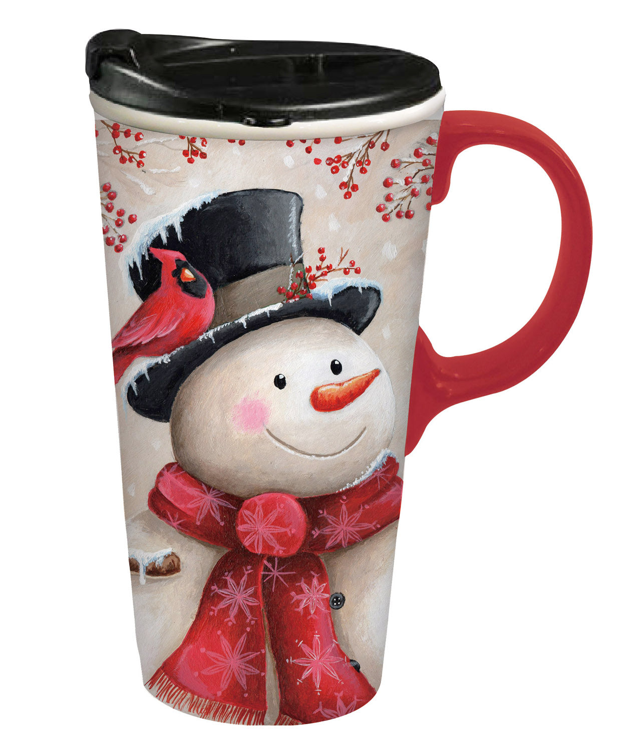 Ceramic Travel Cup w/ box, 17 OZ., Snowman & Cardinal