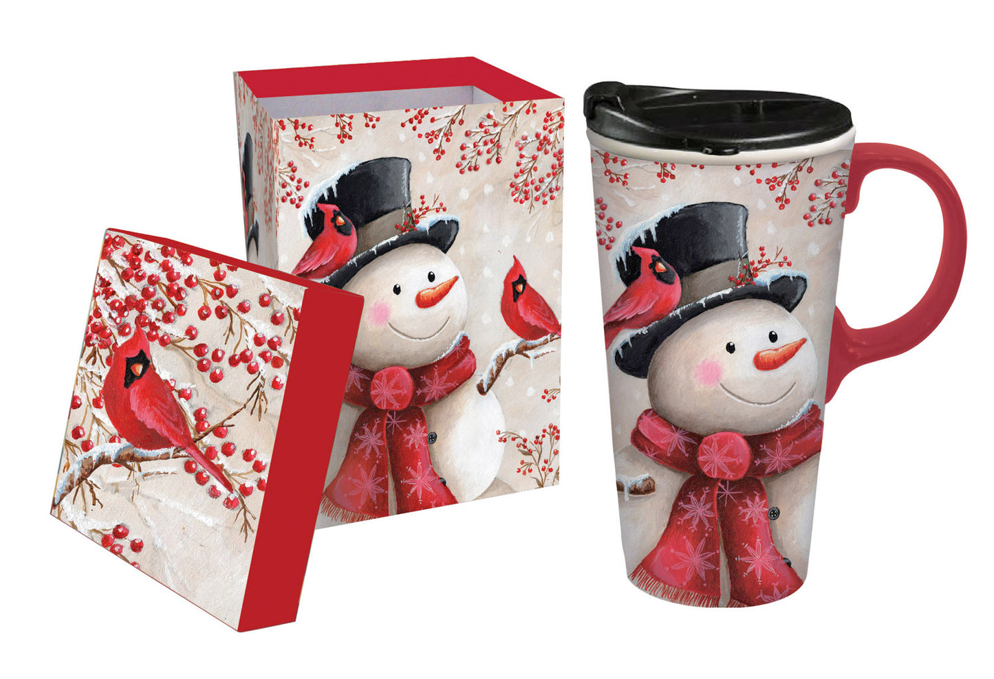 Ceramic Travel Cup w/ box, 17 OZ., Snowman & Cardinal