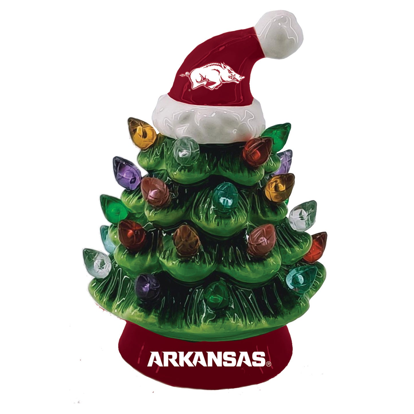 4" LED Ceramic Christmas Tree Ornament with Team Santa Hat, University of Arkansas