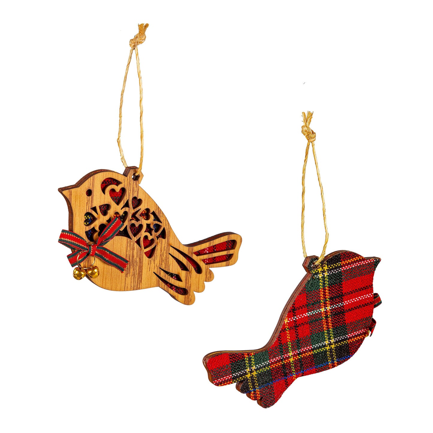 Bird with Bow and Bell Wood and Fabric Ornament