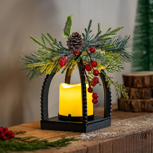 Woodland Storybook Faux Floral Table Decor Artificial with LED Lantern, 10"H