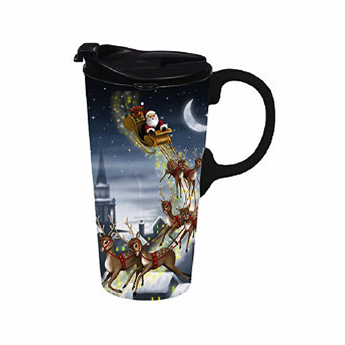 Santa and Reindeer Ceramic Travel Cup w/ Lid