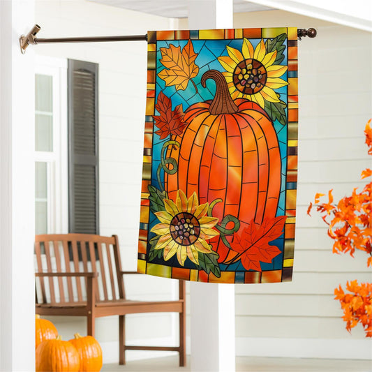 Fall Pumpkin Stained Glass Applique Flag, House