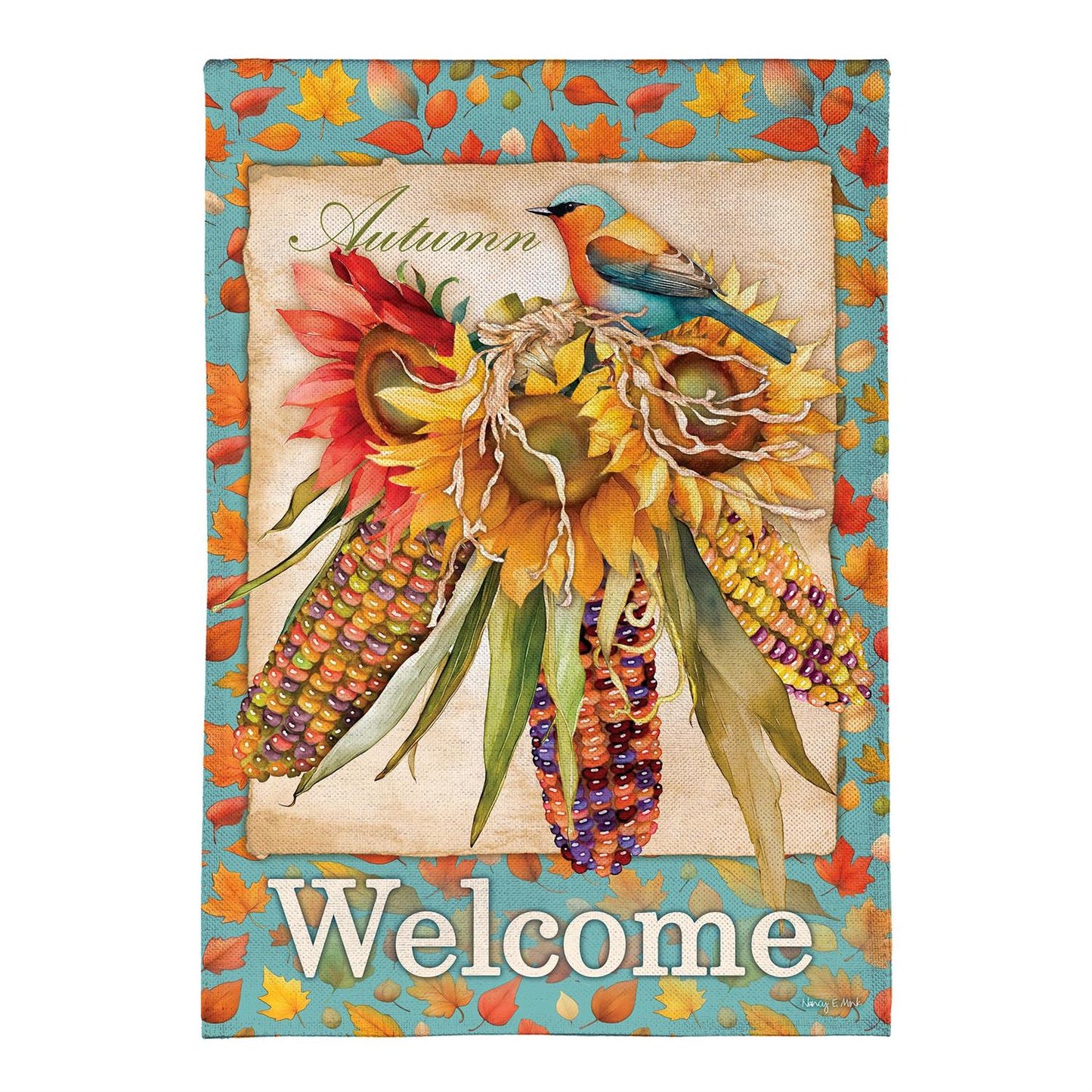 Jeweled Fall Maize Burlap Flag, House