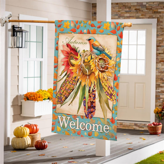 Jeweled Fall Maize Burlap Flag, House