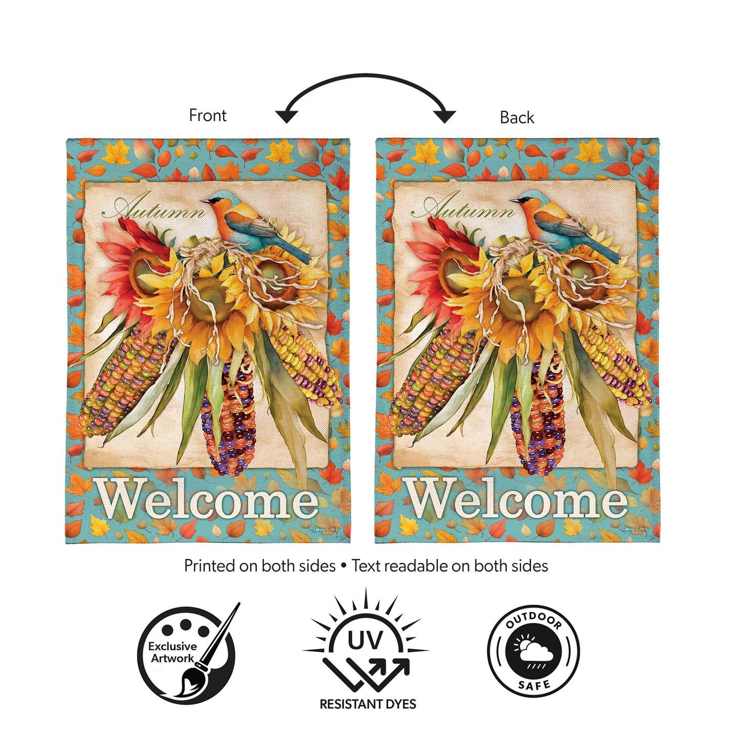 Jeweled Fall Maize Burlap Flag, House