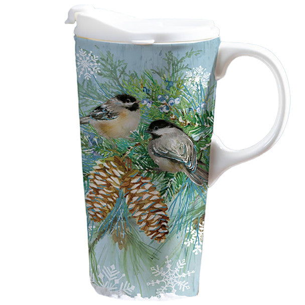 Holiday Poinsettia Travel Cup Ceramic Perfect Cup, Winter Frost Chickadees