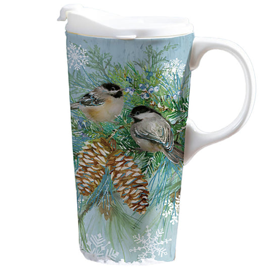 Holiday Poinsettia Travel Cup Ceramic Perfect Cup, Winter Frost Chickadees