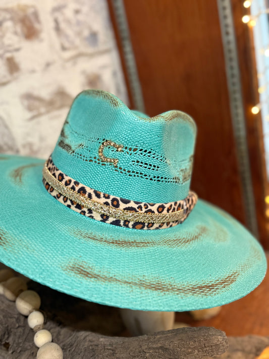 Turquoise Straw Cheetah Hat