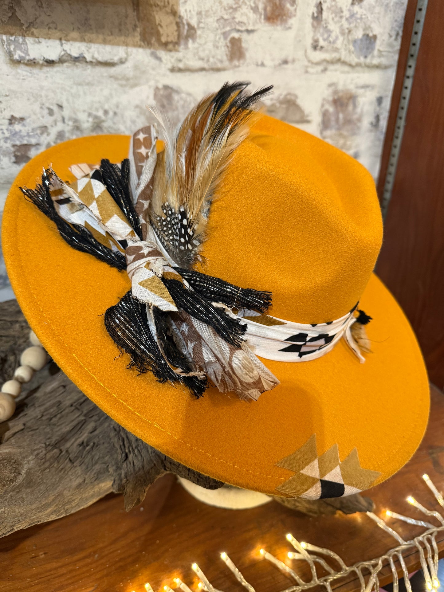 Mustard Colored Hat with Feathers