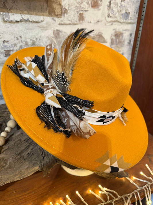 Mustard Colored Hat with Feathers