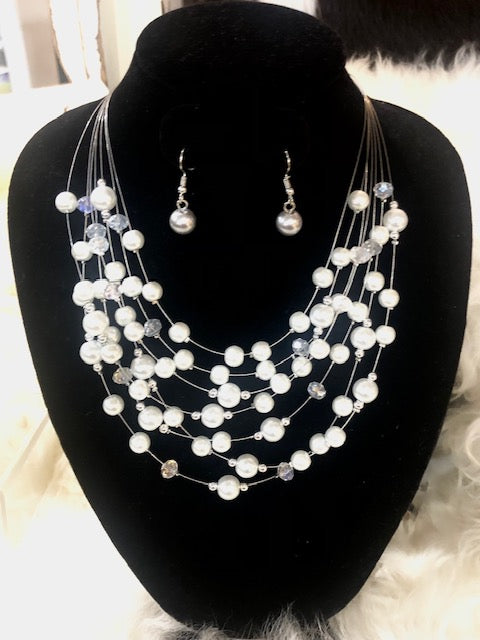 Pearl String Necklace with Earrings