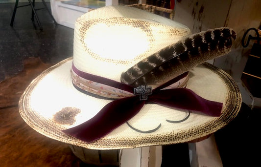 Straw Hat with Burgandy & Floral Band