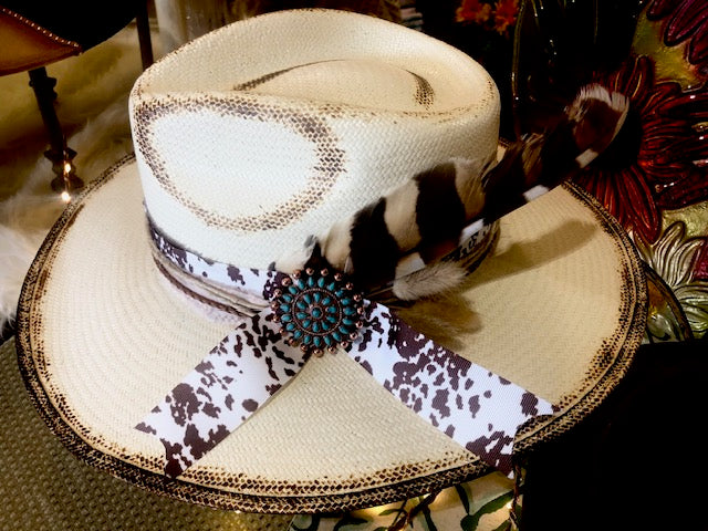 Straw Hat with Cow Print Band & Turquoise Brooch