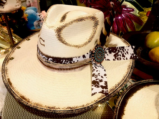 Straw Hat with Cow Print Band & Turquoise Brooch