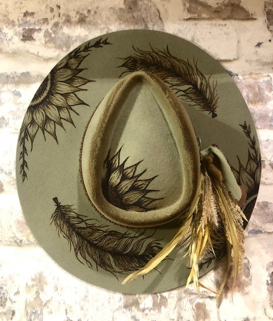 Light Olive Felt Hat with Feathers & Sunflowers