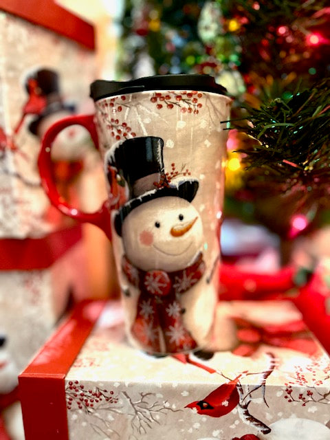 Ceramic Travel Cup w/ box, 17 OZ., Snowman & Cardinal