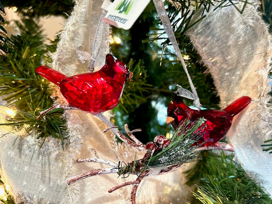 Cardinals with Artificial Acrylic Ornament, 7.5"H