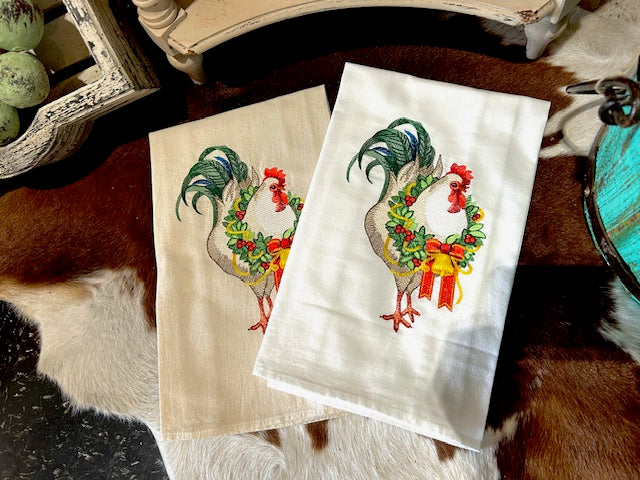 Rooster with Wreath Tea Towel