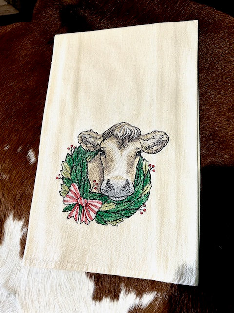 Cow with Wreath Tea Towel