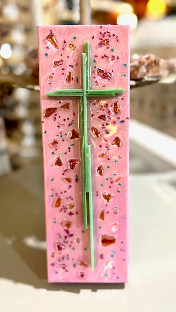 Turquoise Cross on Pink Canvas