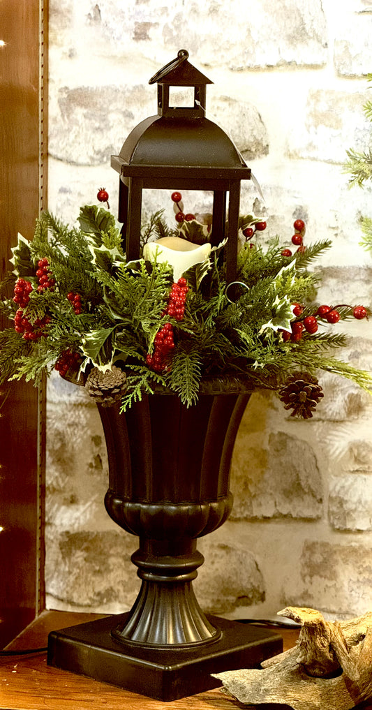 Woodland Storybook Faux Floral Artificial Lantern with Holly Berry, 27"H