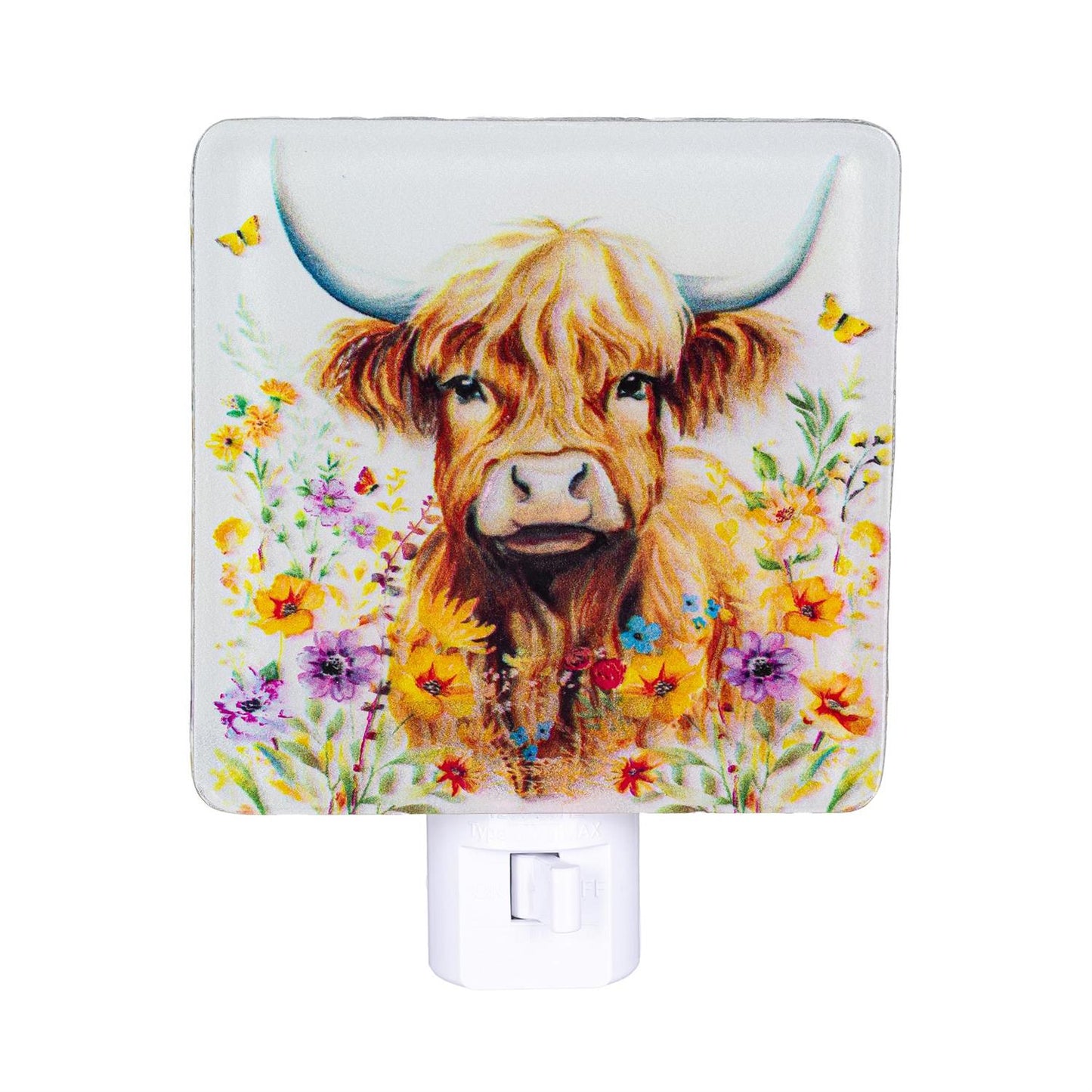 Hillside Pasture Nightlight Glass Square Floral Highland Cow, 5.25"H