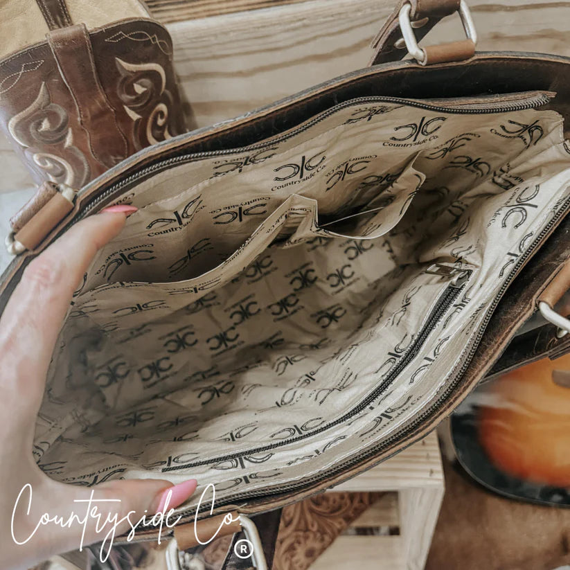 Countryside Co.  Lucille Conceal Carry Cowhide and Tooled Leather Tote Bag
