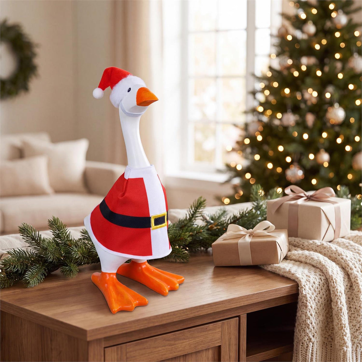 Gordy the Desktop Goose Hillside Pasture Table Decor Fabric Accessory Set, Santa Suit